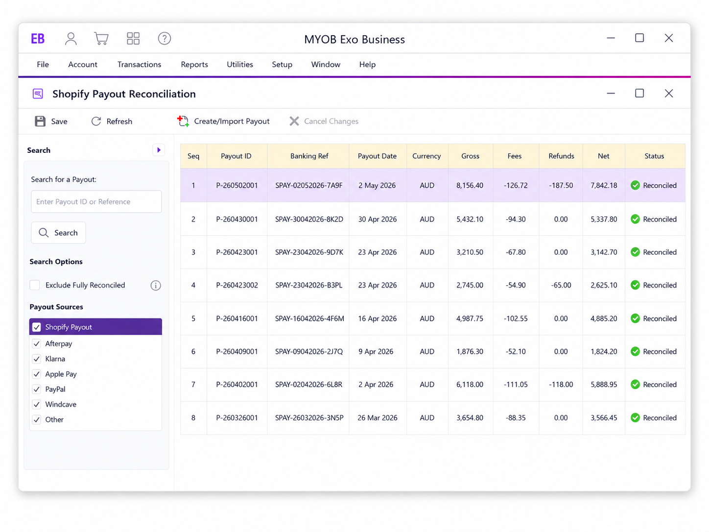 MYOB Exo reconciliation screen
