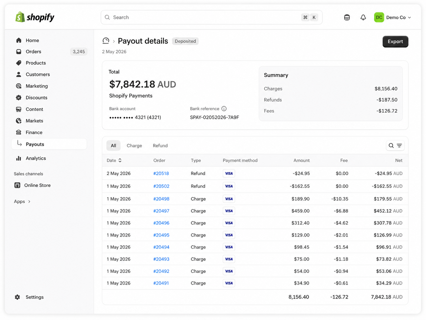 Shopify payout details screen